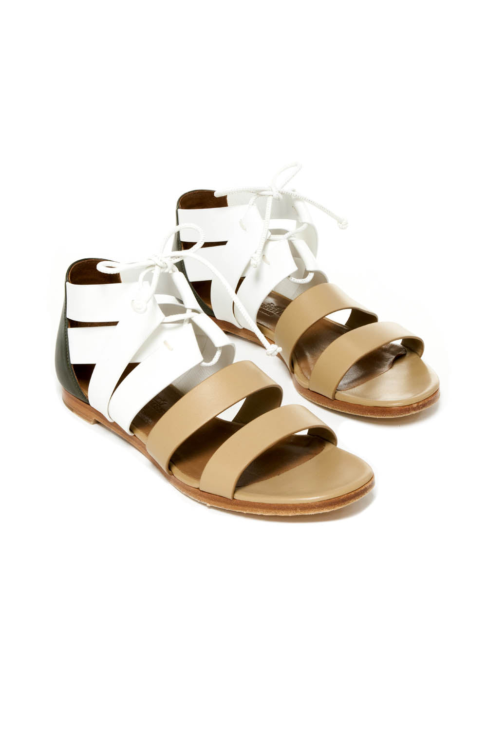 Hermes Gold White and Grey Gladiator Block Heel Sandal Size 36.5 - Exclusu