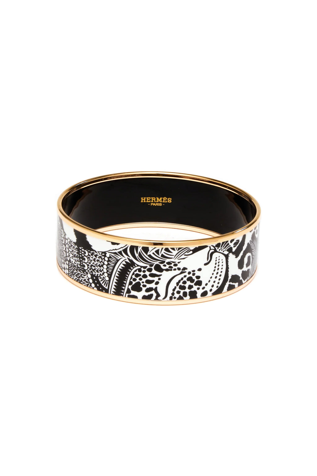 Hermes Black and White 'Feline Tattoo' Enamel Bangle Rose Gold Edge - Exclusu