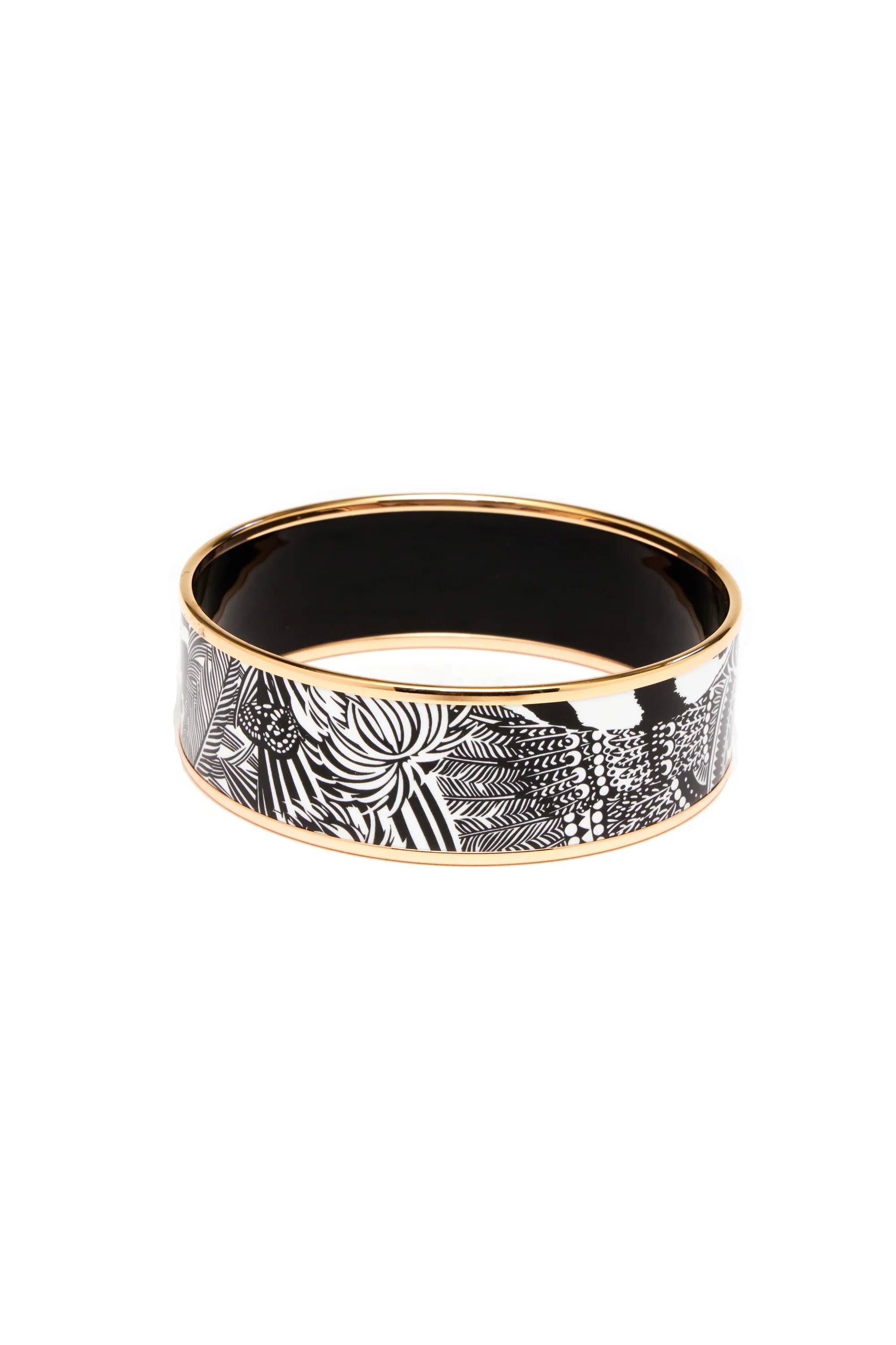 Hermes Black and White 'Feline Tattoo' Enamel Bangle Rose Gold Edge - Exclusu