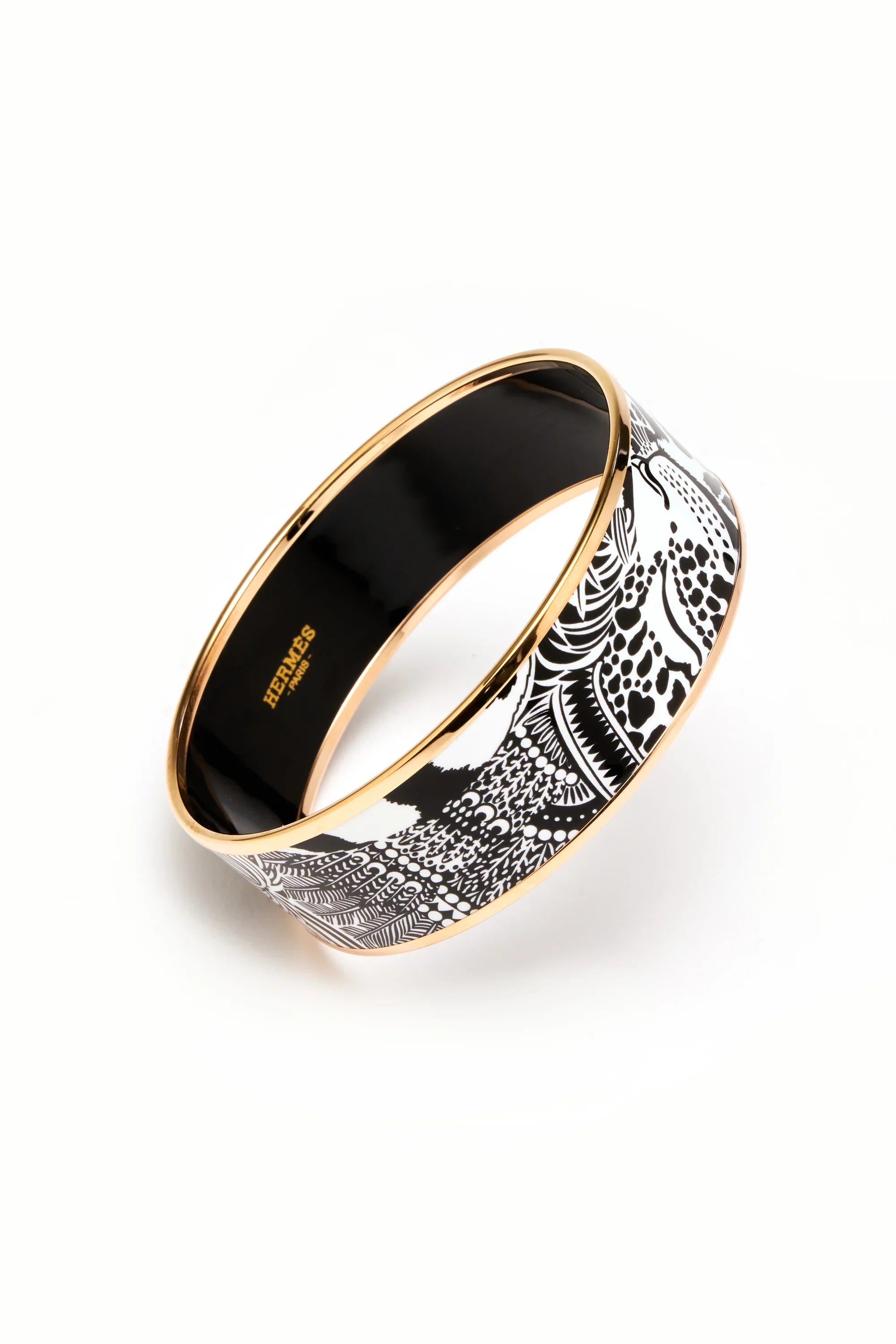 Hermes Black and White 'Feline Tattoo' Enamel Bangle Rose Gold Edge - Exclusu