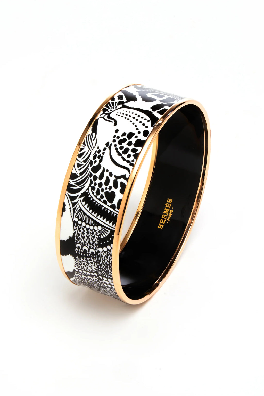Hermes Black and White 'Feline Tattoo' Enamel Bangle Rose Gold Edge - Exclusu
