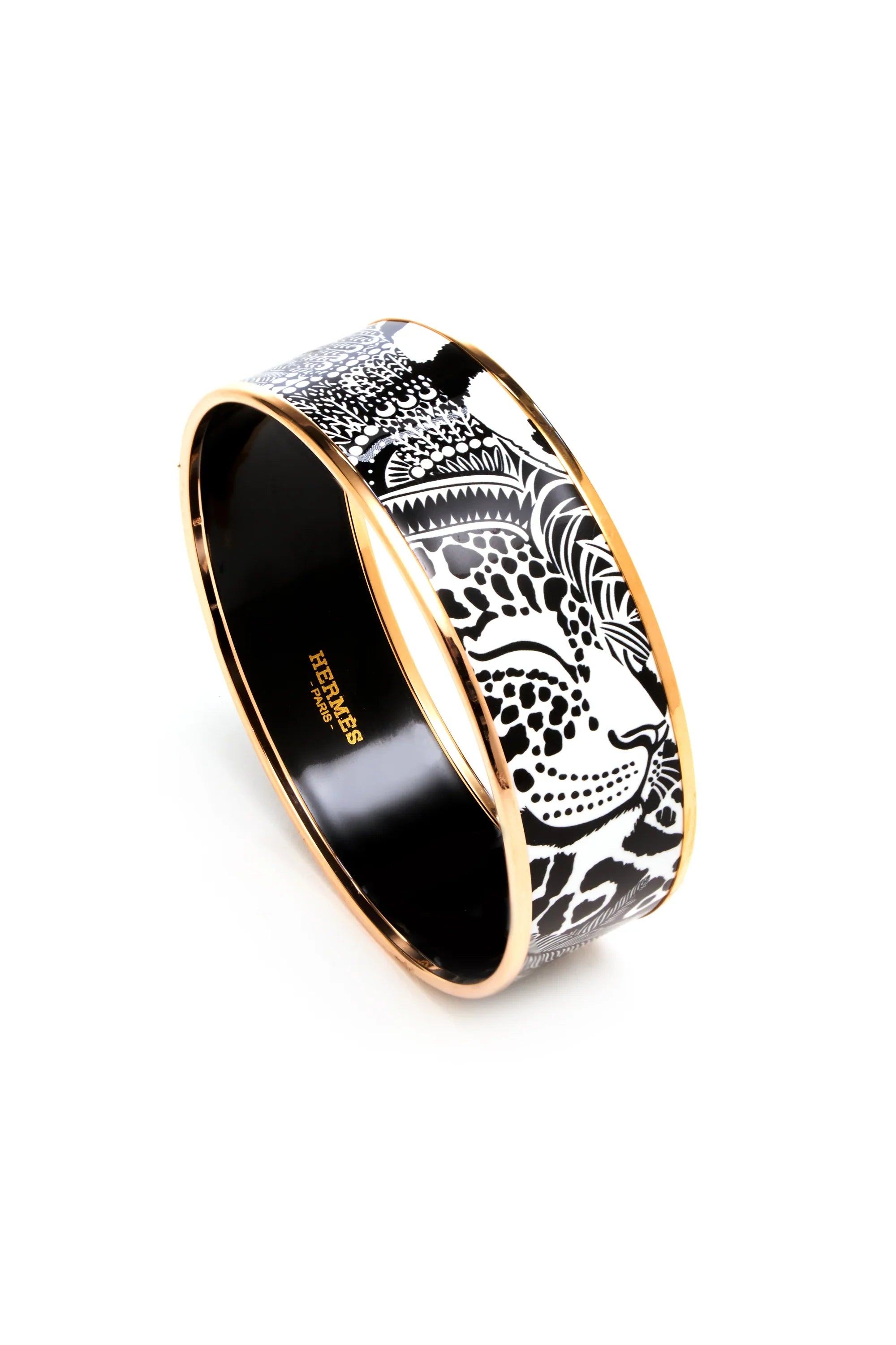 Hermes Black and White 'Feline Tattoo' Enamel Bangle Rose Gold Edge - Exclusu