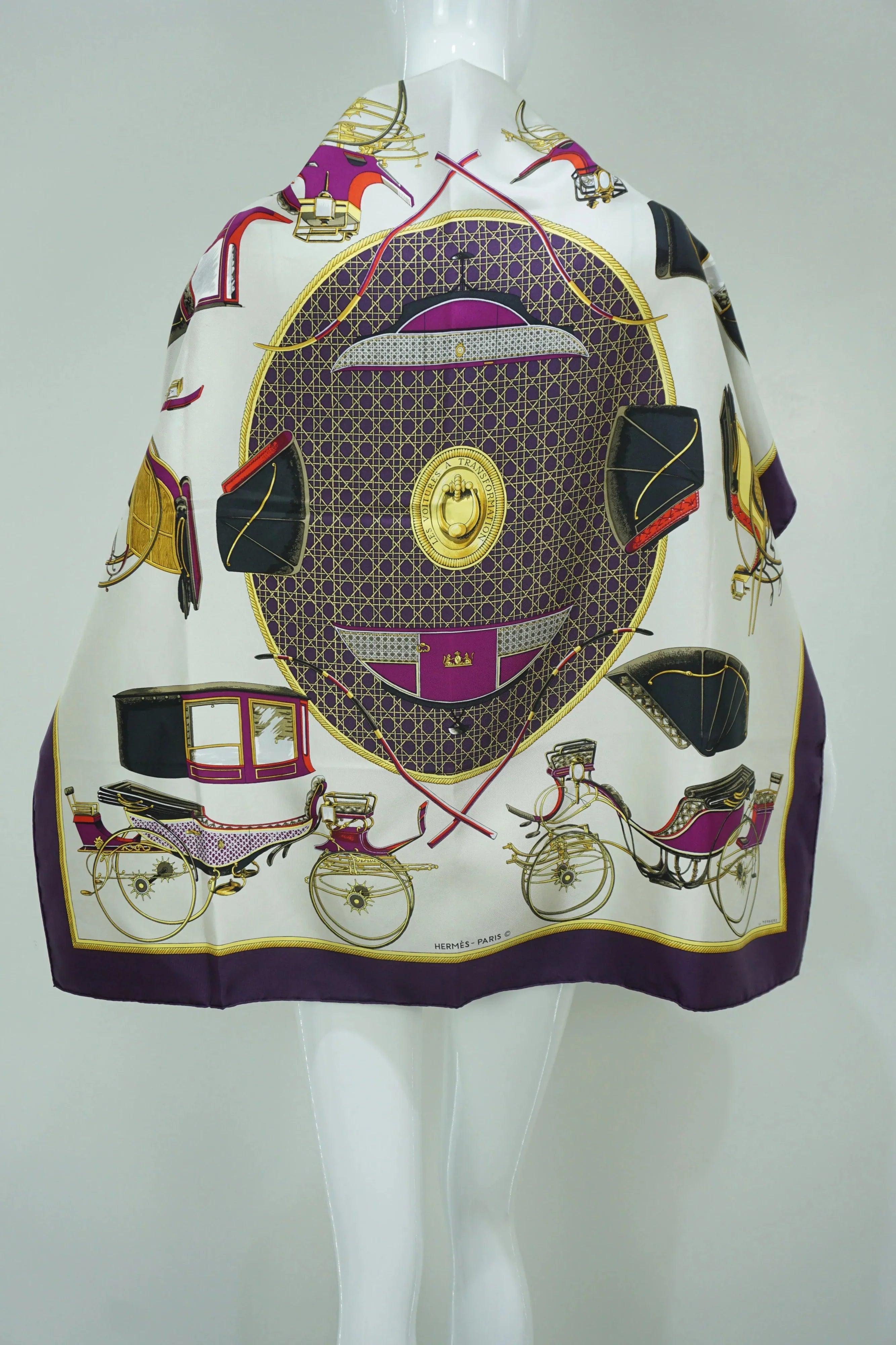 Hermès Le Voitures Transformation Silk Scarf 1970's 90cm - Exclusu