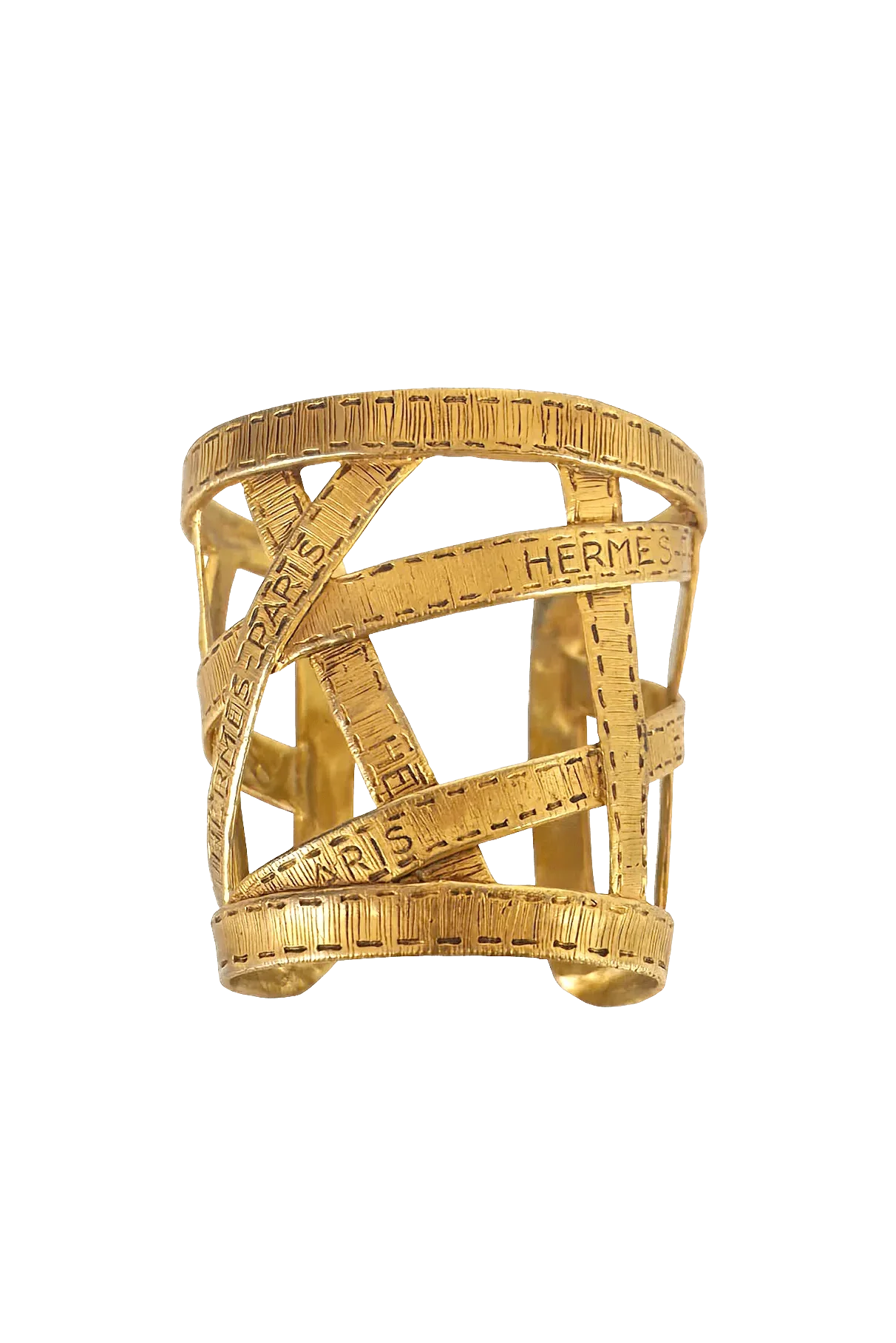 Hermès Vintage Gold Tone Ribbon Bijouterie Fantasie Wide Cuff - Exclusu