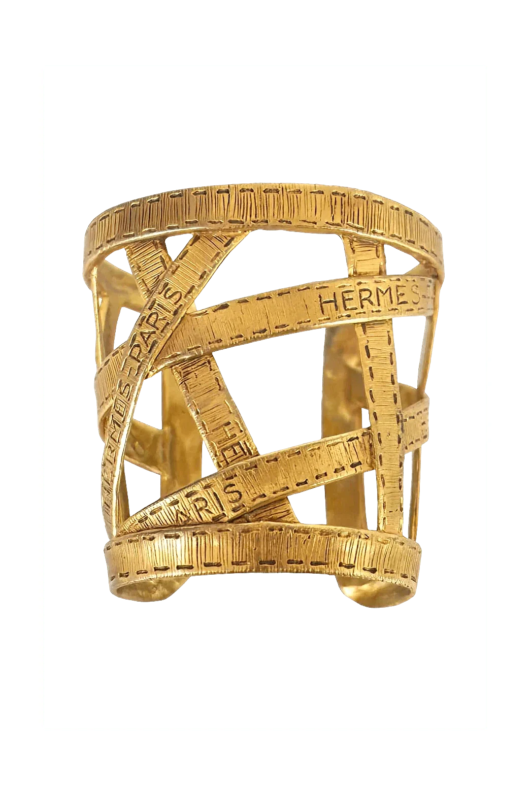 Hermès Vintage Gold Tone Ribbon Bijouterie Fantasie Wide Cuff - Exclusu
