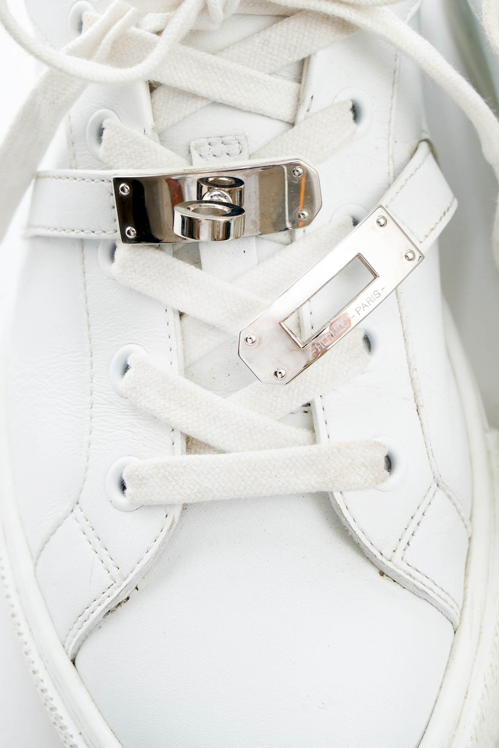 Hermes White Sneakers with Kelly Turn Clasp Size 37.5 - Exclusu