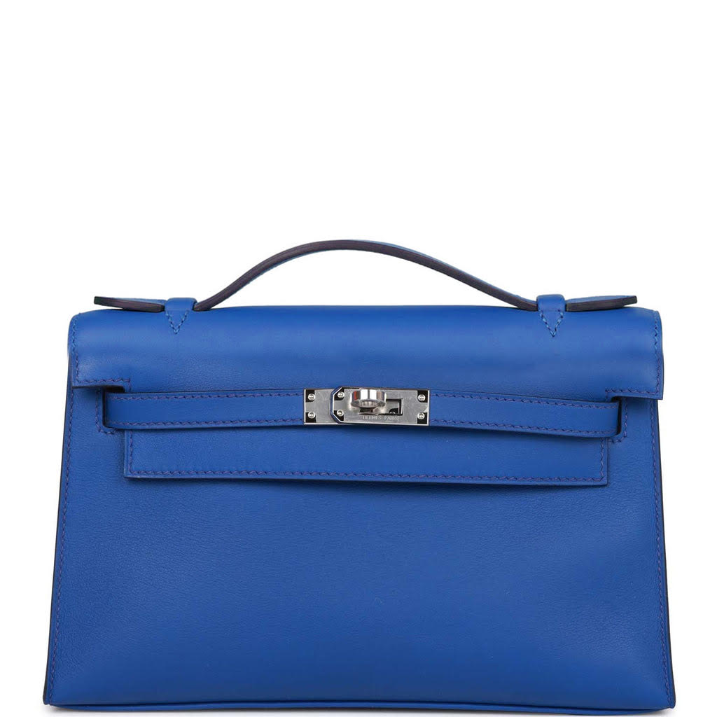 Hermes Kelly Pochette Bleu Royal Swift Palladium Hardware - Exclusu