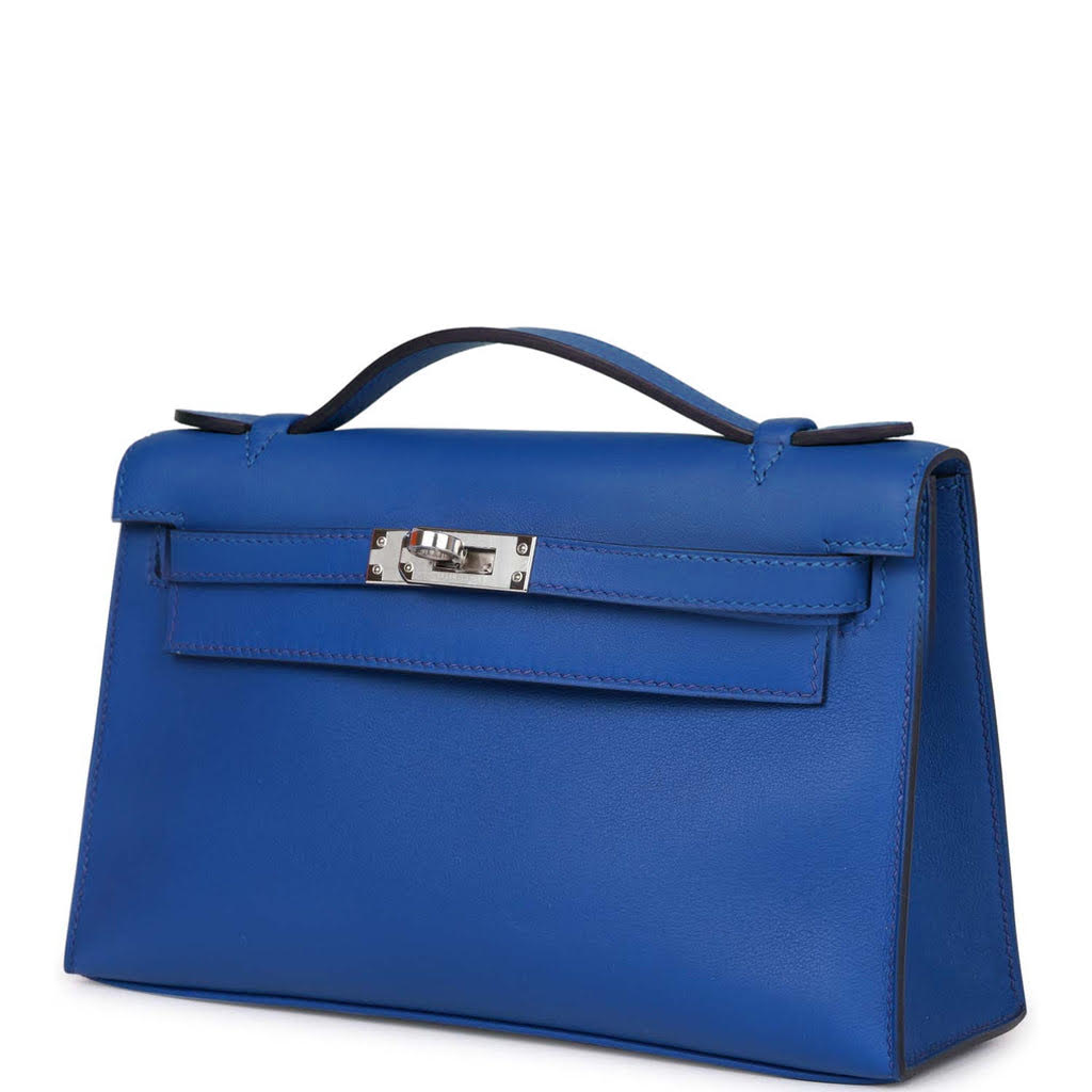Hermes Kelly Pochette Bleu Royal Swift Palladium Hardware - Exclusu